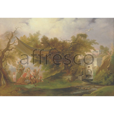 Фреска Affresco, William Daniell Indian Landscape with Figures near a Stream