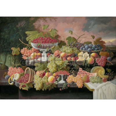 Фреска Affresco, Severin Roesen Two Tiered Still Life with Fruit and Sunset Landscape