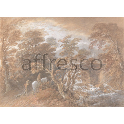 Фреска Affresco, Thomas Gainsborough Hilly Landscape with Figures Approaching a Bridge