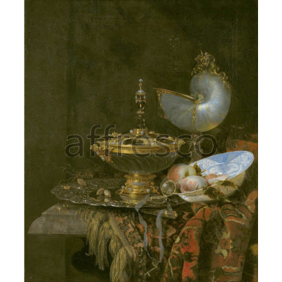 Фреска Affresco, Willem Kalf Pronk Still Life with Holbein Bowl Nautilus Cup Glass Goblet and Fruit Dish