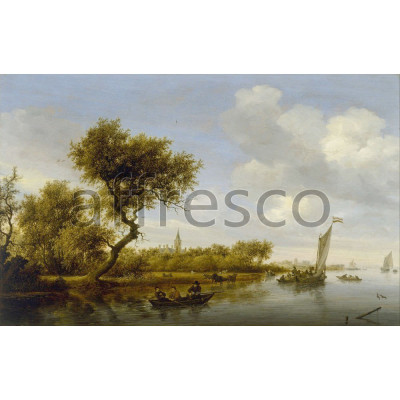Фреска Affresco, Salomon van Ruysdael River Landscape with a Church in the Distance