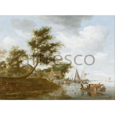Фреска Affresco, Salomon van Ruysdael River Landscape with Ferry