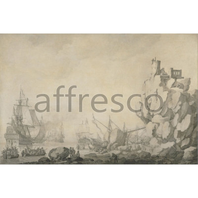 Фреска Affresco, Willem van de Velde the Elder Ships and Militia by a Rocky Shore