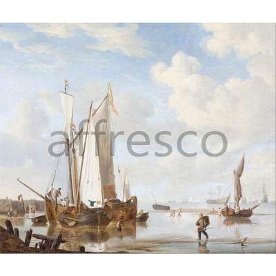 Фреска Affresco, Willem van de Velde the younger and studio A wijdschip and a kaag in an inlet close to a sea wall